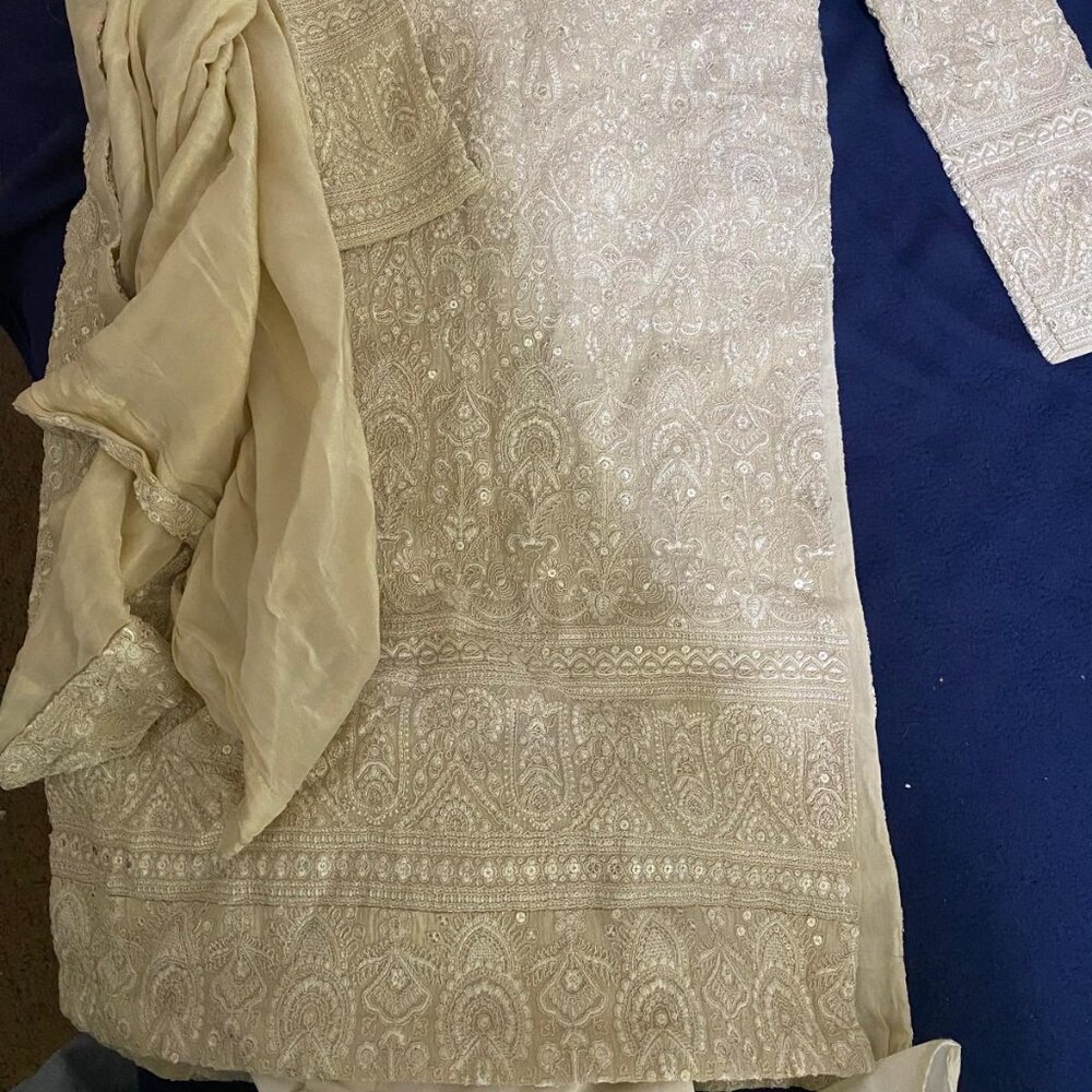 Elegant Cream/Off-White Pure tissue embroidery designer shervani
